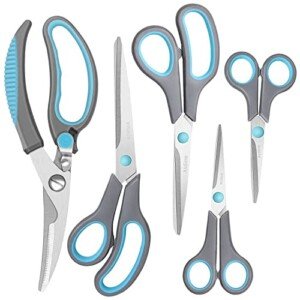 Scissors, Kitchen Shears with Sharp Stainless Steel Blades and Soft Handles, Multifunctional Scissors Set, 5Pcs, Blue/Grey