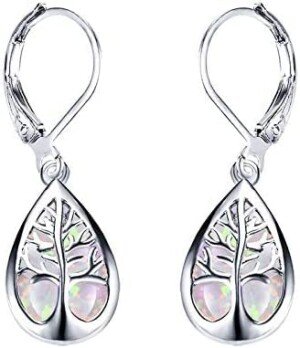 925 Sterling Silver Jewelry Exquisite Water Drop Blue White Fire Opal Life Tree Dangle Earrings For Women