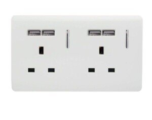Trendi 2 Gang Artistic Modern Glossy Screwless Raised 13 Amp 240v Short 4 USB Type A Charging Points Double Chrome Switched Electrical Wall Plug Socket Ice White - ART-SKT213USBWH