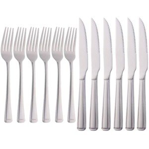 Meisha Harley Pattern Steak Knife and Fork Set, Silver Table Knife Set, 6 Steak Knives & 6 Dinner Forks, Stainless Steel Professional Serrated Steak Knives for Multipurpose (Pack of 12)