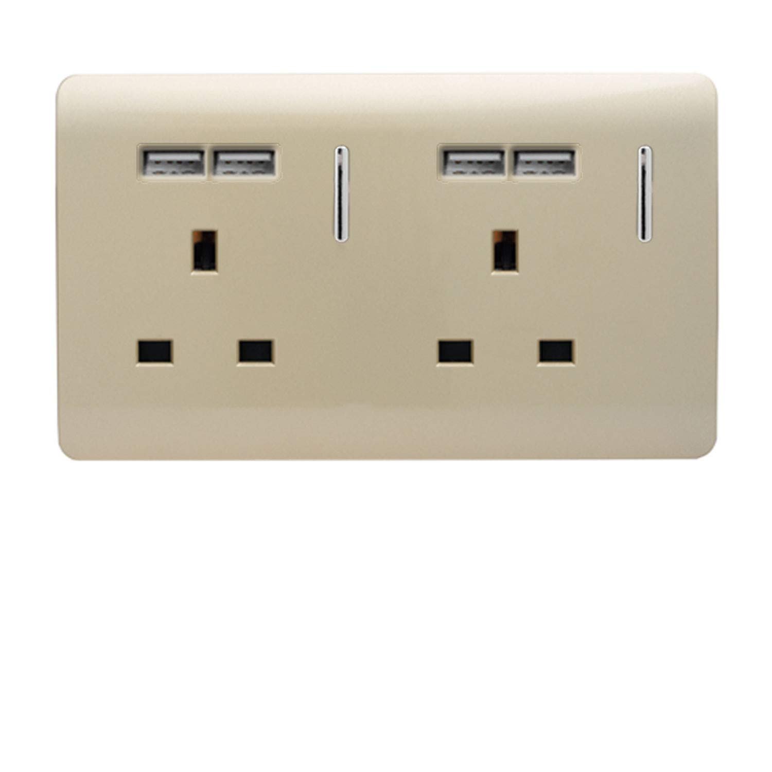 Trendi 2 Gang Artistic Modern Glossy Screwless Raised 13 Amp 240v Short 4 USB Type A Charging Points Double Chrome Switched Electrical Wall Plug Socket Champagne Gold - ART-SKT213USBGO