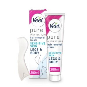 Veet Pure Sensitive Hair Removal Cream 200 ml - Leg Depilatory for Smooth, Exfoliated, and Hydrated Results with Shea Butter