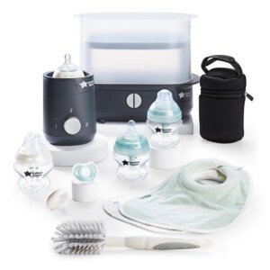 Tommee Tippee Complete Feeding Set, Black, with Electric Steam Steriliser, Newborn Self-Sterilising Baby Bottles and Easiwarm Bottle Warmer, Essential for Parents with Newborns