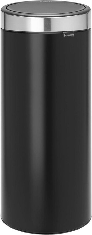 Brabantia 30 L Kitchen Touch Bin New (Matt Black/Matt Steel FPP) Removable Lid, Soft-Touch Open, Easy Clean Rubbish Waste Bin + Free Bin Bags
