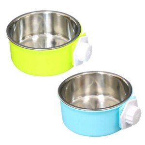 SLSON Pet Crate Bowls 2 Pack Dog Cage Hanging Bowl Removable Double Feeding Bowls for Pet Stainless Steel and Plastic Feeders for Dogs Cats Small Animals, Blue and Green