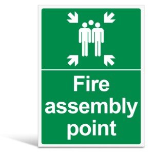 V Safety Fire Assembly Point Sign with Family Icon - Outdoor Emergency Meeting Point Signage - 300mm x 400mm Portrait, 1mm Rigid Plastic, Green & White - EN ISO 7010 Compliant
