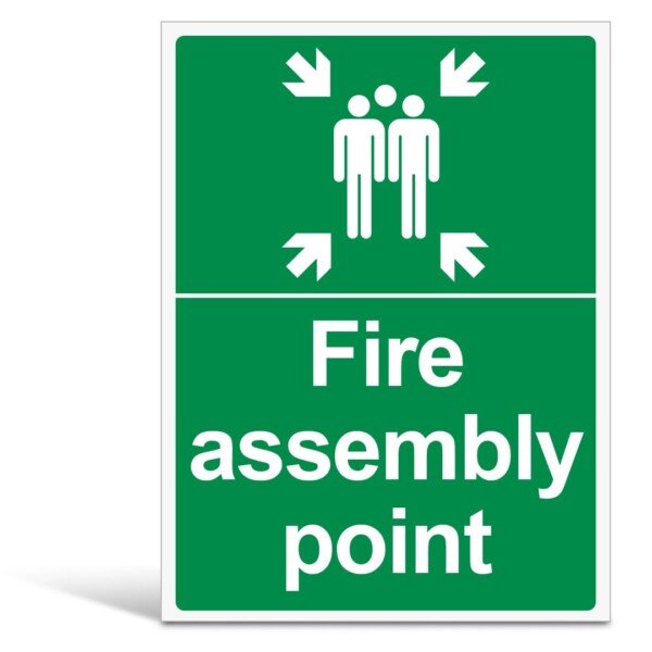 V Safety Fire Assembly Point Sign with Family Icon - Outdoor Emergency Meeting Point Signage - 300mm x 400mm Portrait, 1mm Rigid Plastic, Green & White - EN ISO 7010 Compliant