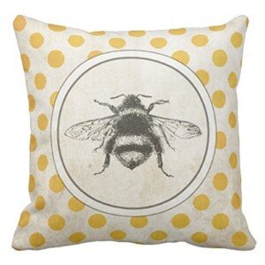 Vintage Bee on Yellow Dots Throw Pillow case Canvas Cushion Cover 18" one side