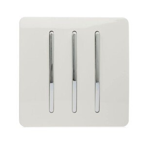 Trendi 3 Gang 2 way 240V Screwless Raised Front Plate Plastic Artistic Modern Glossy 10 Amp Chrome Rocker Triple Electrical Wall Light Switch Ice White - ART-SS6WH