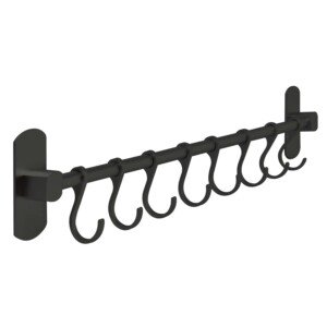 joeji's Kitchen Utensil Rack 40cm - Aluminium Kitchen Rail with 8 Hanging Hooks - Wall Mount Strong 3M Self Adhesive - No Drill Space-Saving Tool Holder - Black