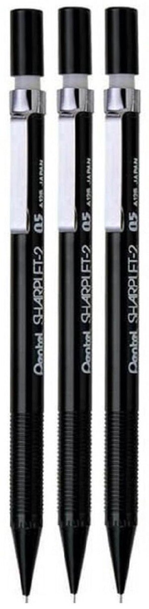 Pentel 0.5mm (A125) Black Sharplet 2 Automatic Pencil Drafting Mechanical Refillable Lead & Eraser A125-A (Pack Of 3)