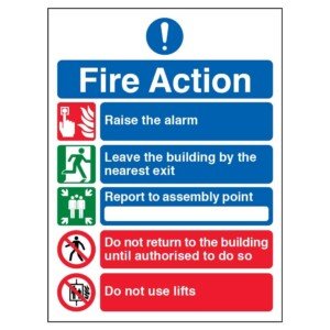 V Safety 12005AN-S General Fire Action 5 Message Sign - Portrait - 150mm x 200mm - Self Adhesive Vinyl, Black/Blue/Green/Red