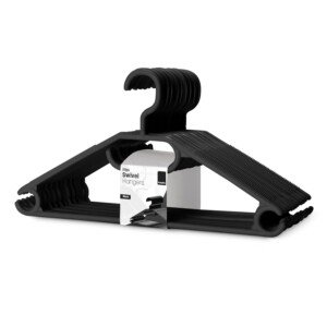 KEPLIN Space Saving Black Plastic Coat Hangers - 20 Pack | Heavy Duty Swivel Hook Hangers for Clothes, Coats, Dress, Shirt, Jacket, Trouser | Non Slip with Rotating Hook & Tie Hanging