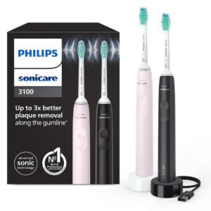 Philips Sonicare 3100 Electric Toothbrush, Sonic Toothbrush, Pressure Sensor and Timer, Sugar Rose and Black, Dual Pack, HX3675/15