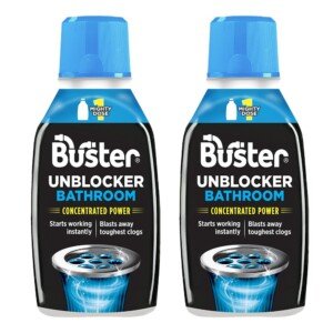 Buster Bathroom Drain Unblocker (Pack of 2 x 300ml) Fast-Acting Sink Unblocker Dissolves Hair, Sludge and Soap, Drain Cleaner Clears Blockages in Shower, Bath and Bathroom Sink Pipes - Made in UK