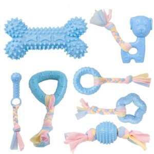 Dog Chew Toys, 7pcs Dog Puppies Teething Chewing Toy Set with Ball and colorful Ropes, Interactive Pet Toys for Small Dogs (blue)