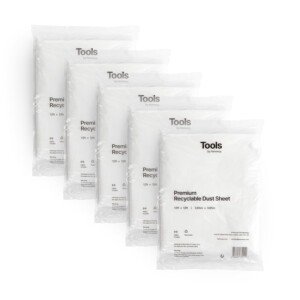 Front view of Hemway Recyclable Dust Sheets 3.65m x 3.65m, showing packaging for the 5 pack of reusable plastic sheets