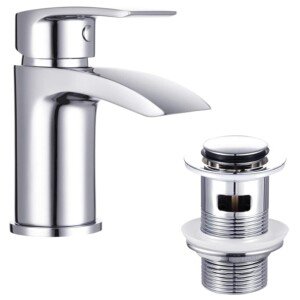 Basin Taps Mixer Waterfall Bathroom Sink Tap Mixers Mono Chrome with Pop up Waste Slotted Brass Single Hole Monobloc with Hoses G1/2'' Modern Round Cloakroom Faucet with Click Clack Plug Waste