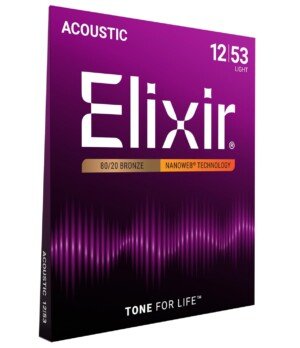 Elixir 11052 Strings 80/20 Bronze Acoustic Guitar Strings w NANOWEB Coating, Light (.012-.053)