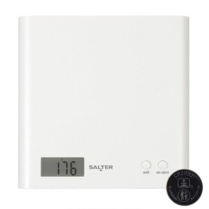 Salter Digital Kitchen Scale - 3kg Capacity, Battery Included, High Precision, Accurate Food Weighing, Easy Read Display, Add & Weigh, Zero Function, Slim Design, Wipe Clean, White, 15 Year Guarantee