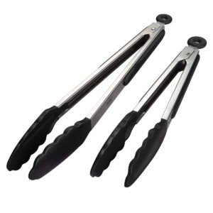 iNeibo Kitchen Tongs, Pack of 2-Size 9 & 12 inch Food Tongs Non-Slip 1mm Thick Stainless Steel Handle Smart Lock Clip Heat Resistant Silicone Tongs, for Cooking, Serving, Barbecue, Buffet, Salad, Ice
