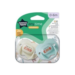 Tommee Tippee Anytime Dummies, Symmetrical Orthodontic Design, BPA-Free Silicone, 0-6m, Pack of 2, Colours May Vary