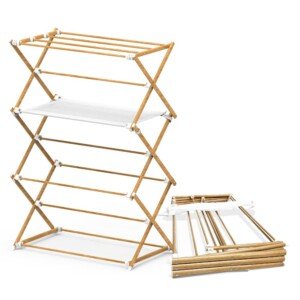 VOUNOT® Folding Clothes Airer Extendable Tower Clothes Airer Space Saving Clothes Dryer with 3 Levels Metal Wood Look, 75 x 63 x 169 cm