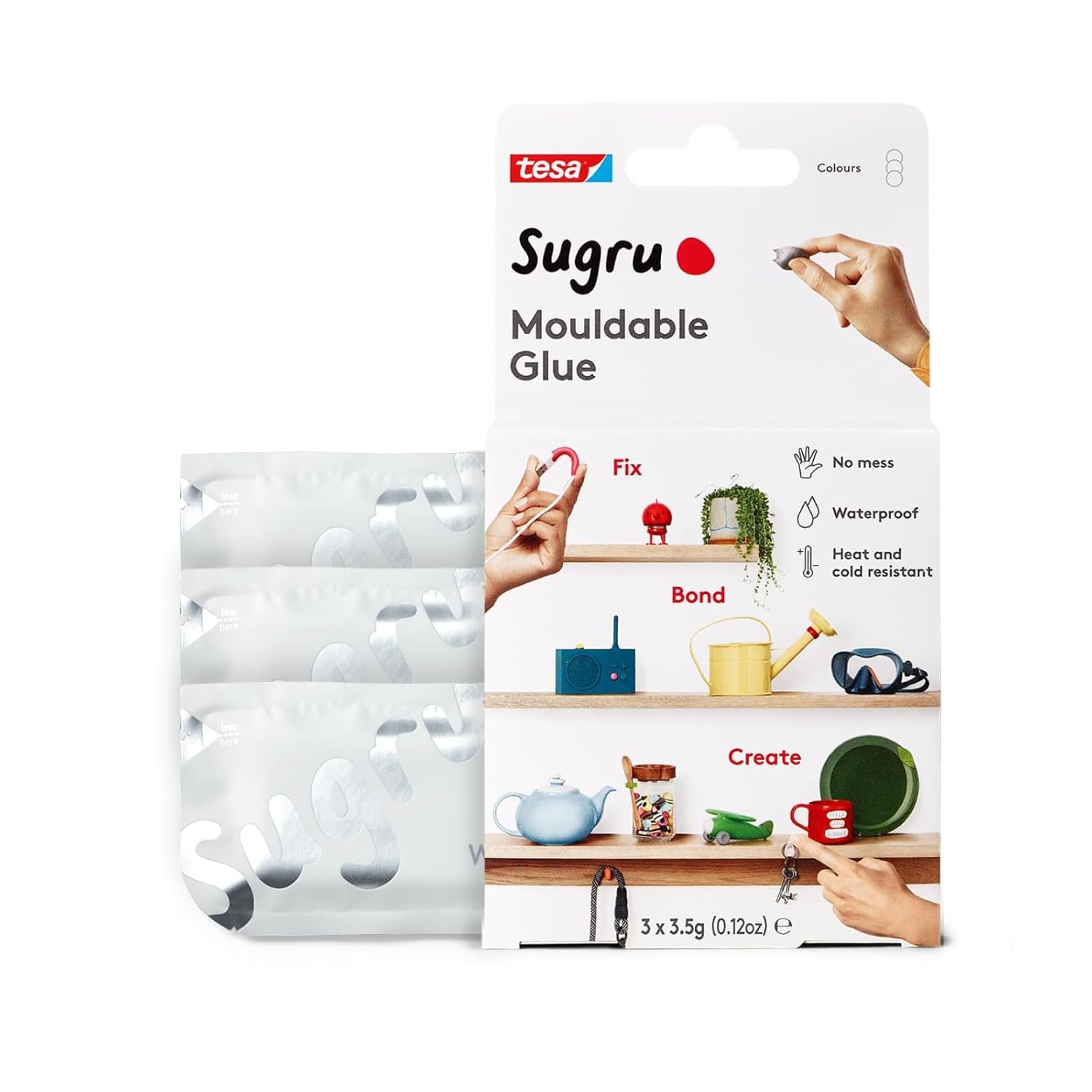 Sugru by Tesa - Moldable Multi-Purpose Glue for Creative Fixing and Making, White, 3 Piece