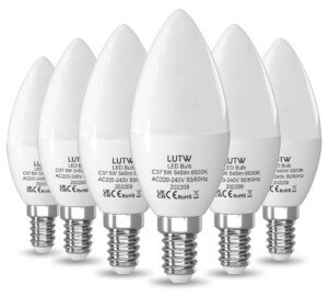 E14 LED Light Bulb Cool White, 40W SES Bulb Equivalent Candle Bulb, 5W 545lm 6500K 160°Beam Angle C37 Screw Light Bulbs, Non-dimmable, Pack of 6