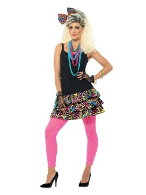 Smiffys 80s Party Girl Kit, Multi-Coloured with Skirt, Headpiece & Necklace, 1980's Fancy Dress, 1980s Dress Up Costumes
