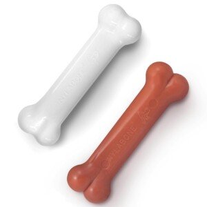 Nylabone 2 x Dura Chew Extreme Tough Dog Chew Toy Bones, 1 Bacon & 1 Chicken, Medium, For Dogs Up To 16 kg,White/Brown