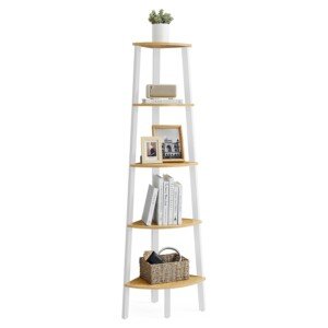 VASAGLE Corner Shelf Unit, 5-Tier Corner Shelf, Ladder Shelf for Living Room, Bookshelf or Plant Stand, Industrial Accent Furniture, Natural Oak and Matte White LLS35Y01