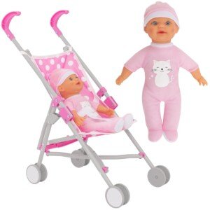 Single Stroller & Doll | Pink Polka Dot Pushchair for Ages 2+ | Lightweight Umbrella Fold Buggy with Matching Doll | Toy Stroller for Girls & Boys | Role Play Fun for Kids 3+