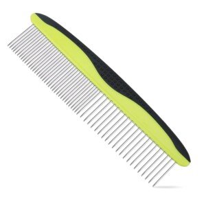Grooming Comb for Dogs and Cats - Stainless Steel Rounded Teeth and Rubber Handle Make it Easy to use on Long-Haired Dogs - Removes Loose Undercoat, Knots, Mats, and Tangled Hair