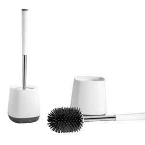 Toilet Brush with Drainage Holder Set,Flex Silicone Anti-Clog Anti-Drip Brush Head, White/Grey Colour with Stainless Steel Handle, 1-Pack