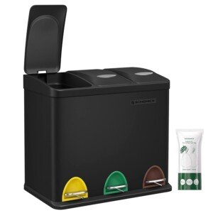SONGMICS LTB24BK Small Volume Kitchen Waste Sorting Bin with Lids, Triple Steel Bin for Small Families, Pedals and Buckets, Easy to Clean, Black, 3 x 8L
