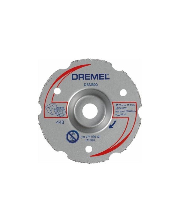Detailed side profile of the Dremel DSM600 Cutting Wheel for DSM20 Compact Saw highlighting its design for precision cuts.