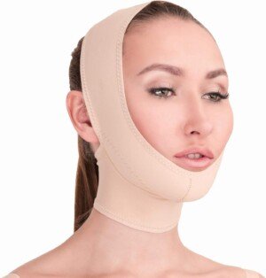 Post Surgical Chin and Neck Lifting Support and Compression Mask, Band, Strap for Women and Men - Double Chin Slimmer, Jowl Tightening Anti-Aging Facial V Shaped Garment (Beige, M)