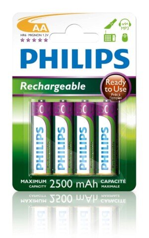 PHILIPS AA Batteries - HR03 Rechargeable Batteries - NiMH 1.2V - 500 Recharges - 2500mAh
