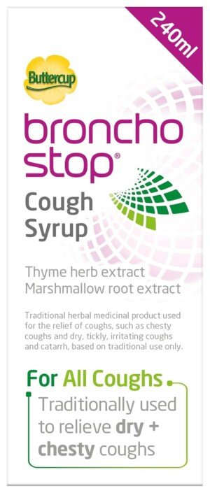 Bronchostop Cough Syrup 240ml - Used for Relief for Dry or Chesty Coughs - with Thyme Herb and Marshmallow Root Extract - Non Drowsy Cough Medicine That Can Be Diluted or Undiluted