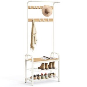 VASAGLE Coat Rack, Coat Stand with Shoe Storage Bench, 4-in-1 Design, with 9 Removable Hooks, a Clothes Rail, for Hallway, Entrance, 34 x 72 x 183 cm, Industrial, Oak and Cream HSR40W