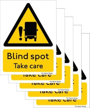 Pack of 5 Self Adhesive Safety Signs - Blind Spot Take Care, Yellow, Black Vinyl, 135mm x 180mm