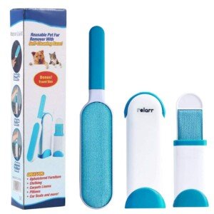 Pet Hair Remover Brush,Tur Remover for Pet Hair and Clothes Double-Sided with Self-Cleaning Base and Travel Size Brush (Blue, streamline)