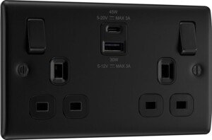 BG Electrical 45W Double Switched Power Wall Plug Socket with Super Fast Charge Type A & Type C USB Ports, Nexus Metal, Matt Black, 13A, NFB22UAC45B