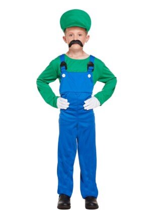 HENBRANDT Children’s Green Super Plumber Fancy Dress Costume Retro 1980s Videogame Green + Blue Overalls Moustache Brothers Size Large Ages 10-12 Fancy Dress for Boys Super Workman Outfit for Kids