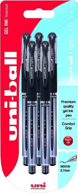 Uni-Ball 153486278 UM-151S Signo Gel Pens with Gel Grip, Black Gel, 0.7mm Stainless Steel Nib (Pack of 5)