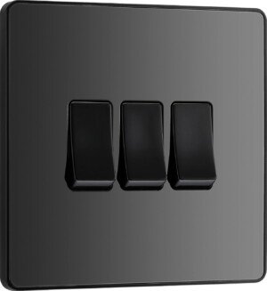 BG Electrical Triple Wall Light Switch, 2 Way, Screwless Front Plate, Round Edges, Evolve, Black Chrome, 20A, 16AX, PCDBC43B