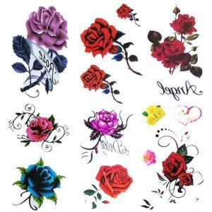 6 Sheets small fake Rose tattoo for women kids Girls,Temporary Tattoos blue red flower,waterproof and Long Lasting sexy body tattoos flowers -purple pink yellow rose flowers