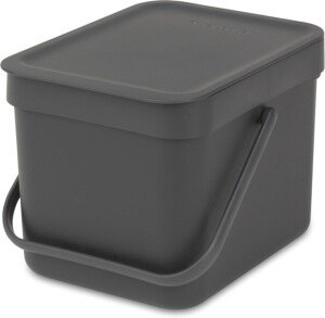 Brabantia Sort & Go Food Waste Bin 6L (Grey), Space-Efficient Plastic Recycle Bin with Handle, Removable and Stay-Open Lid, Easy to Clean Kitchen Compost Caddy without Nooks and Rims