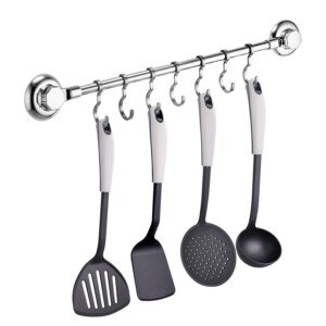 No-Drilling/Suction Cup Steel Towel/Utensil Rack with 7 Adjustable Hooks - Vaccum System - Stainless Steel Never Rust - for Bathroom & Kitchen